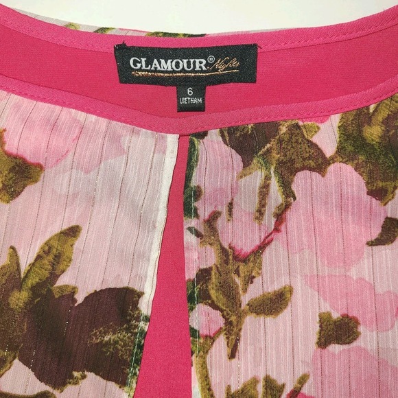 Glamour Nights Pink Floral Overlay Dress Sz 6 Chiffon Gold Shimmer Midi Unique - Picture 4 of 5